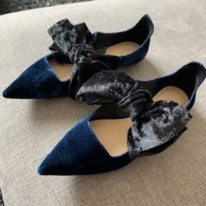 Zara Blue Velvet Bow Flats NWT